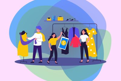 Shop sellers and assistance hanging clothes and price tags on racks. Main master designer dressing mannequin. Vector illustration for boutique, fashion house, industry, clothing design concept